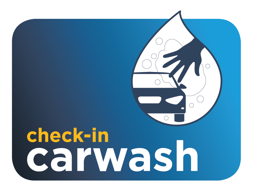 check-in carwash Logo blauer Hintergrund mit weißem Tropfen, in dem man eine Hand und ein Auto sieht.